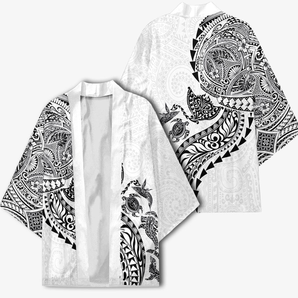 Hawaiian Kakau Tribal Sea Animals Tattoos Kimono White Color LT03 - Polynesian Pride