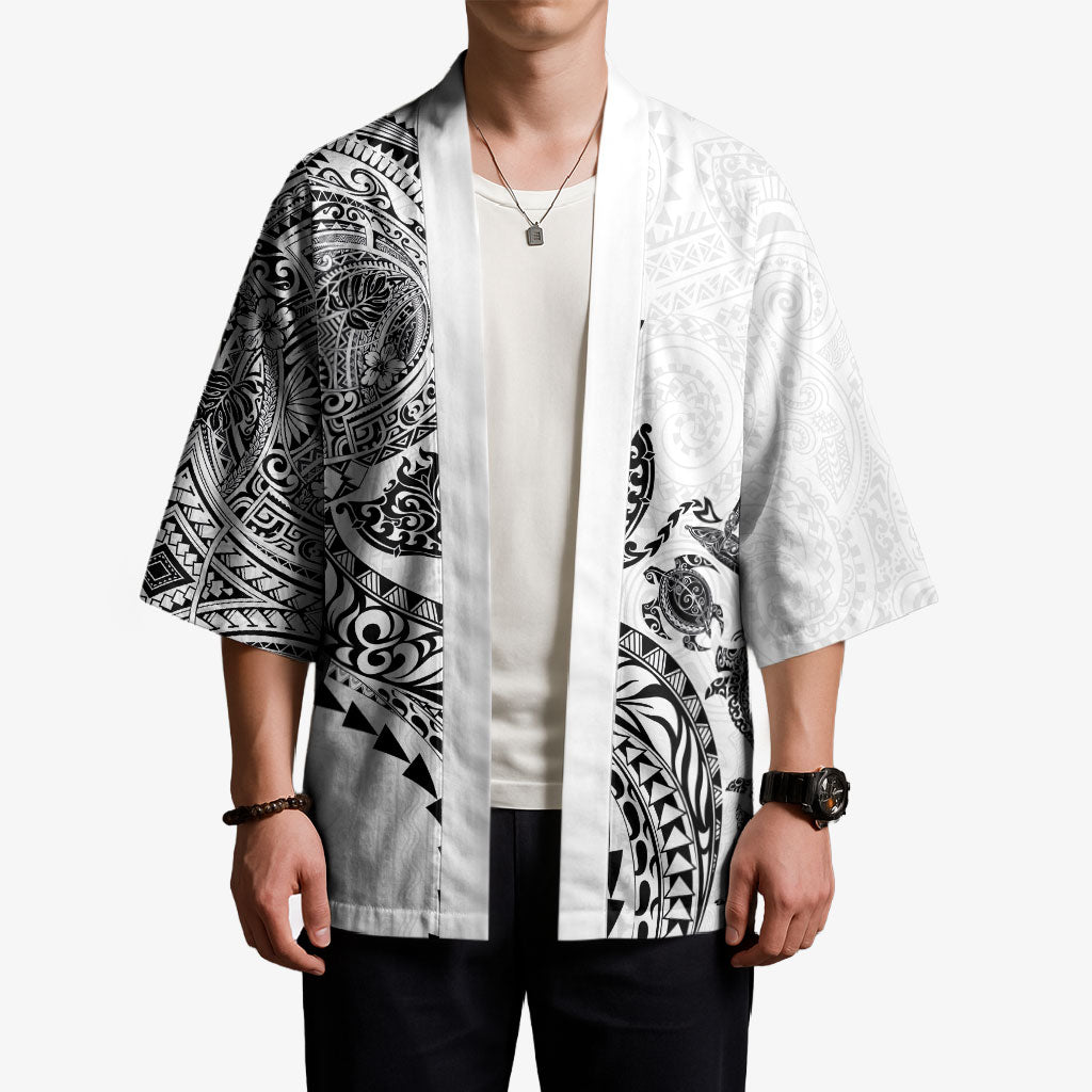 Hawaiian Kakau Tribal Sea Animals Tattoos Kimono White Color LT03 - Polynesian Pride