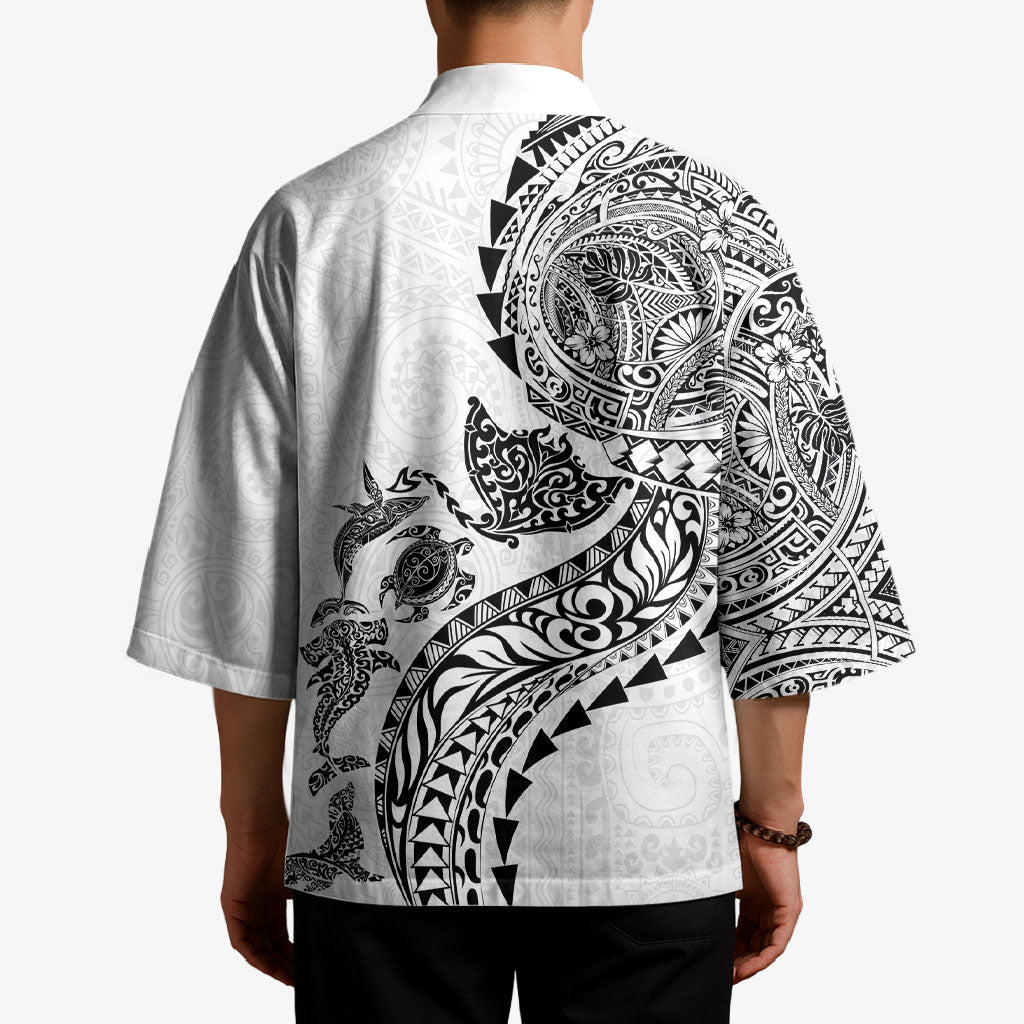 Hawaiian Kakau Tribal Sea Animals Tattoos Kimono White Color LT03 - Polynesian Pride