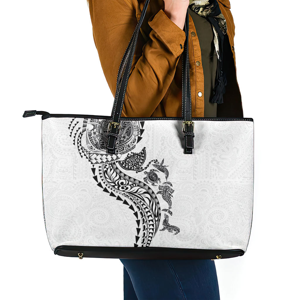 Hawaiian Kakau Tribal Sea Animals Tattoos Leather Tote Bag White Color LT03 - Polynesian Pride