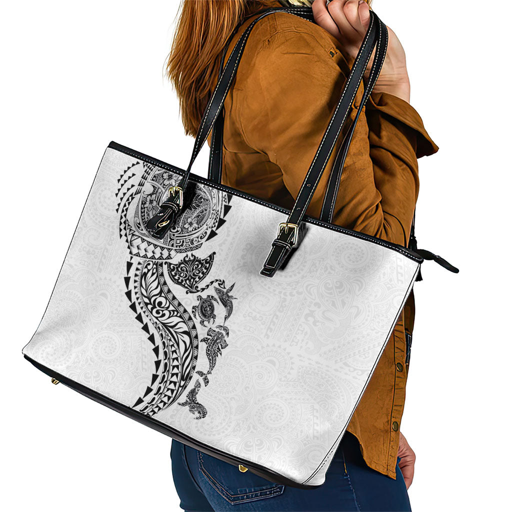 Hawaiian Kakau Tribal Sea Animals Tattoos Leather Tote Bag White Color LT03 - Polynesian Pride
