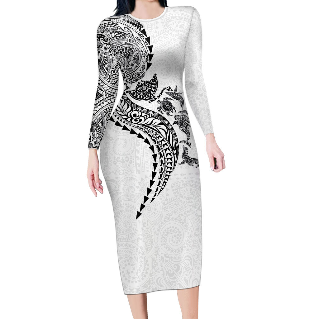 Hawaiian Kakau Tribal Sea Animals Tattoos Long Sleeve Bodycon Dress White Color