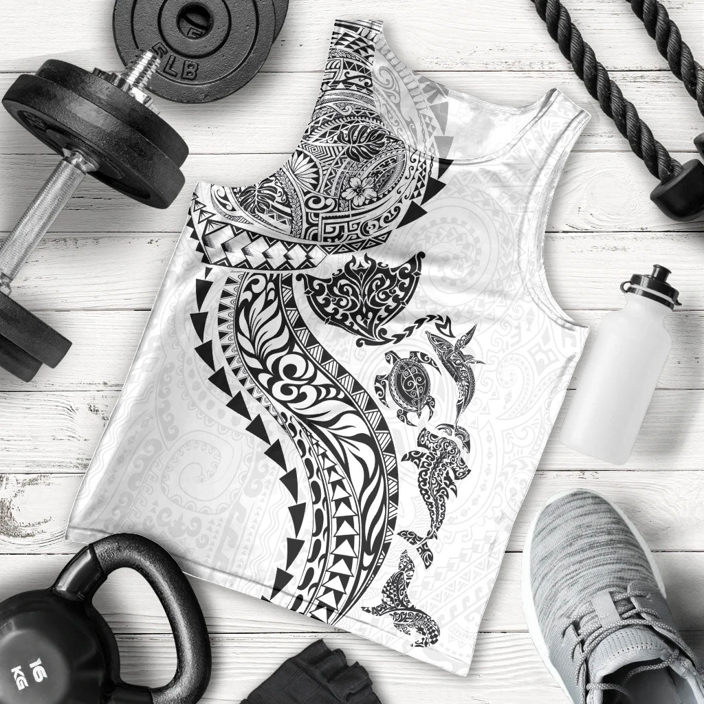Hawaiian Kakau Tribal Sea Animals Tattoos Men Tank Top White Color