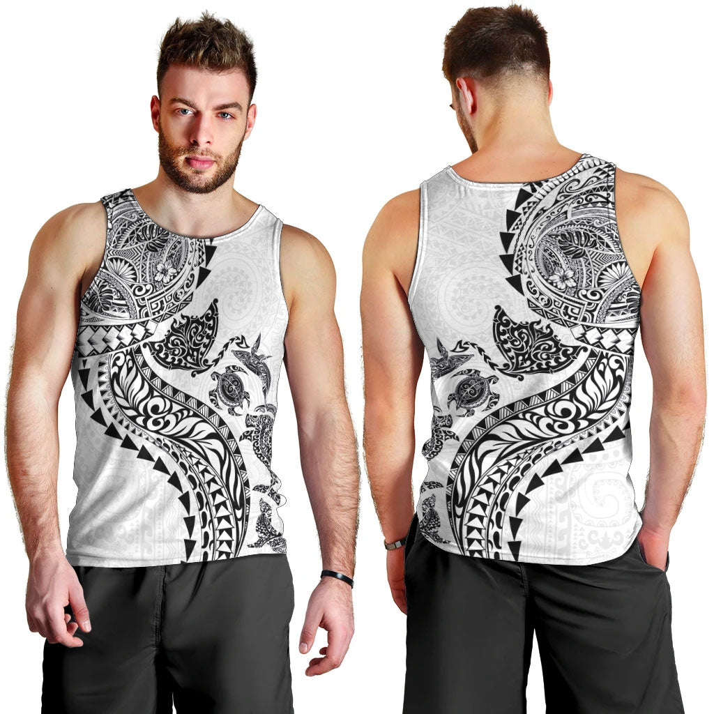 Hawaiian Kakau Tribal Sea Animals Tattoos Men Tank Top White Color