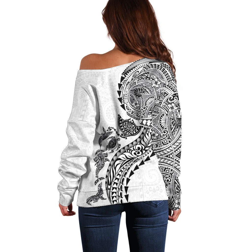 Hawaiian Kakau Tribal Sea Animals Tattoos Off Shoulder Sweater White Color LT03 - Polynesian Pride