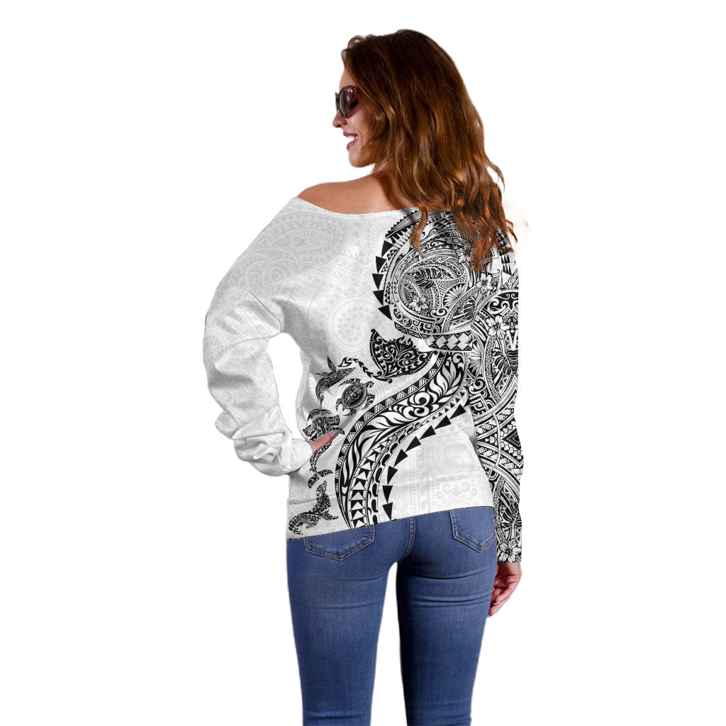 Hawaiian Kakau Tribal Sea Animals Tattoos Off Shoulder Sweater White Color LT03 - Polynesian Pride