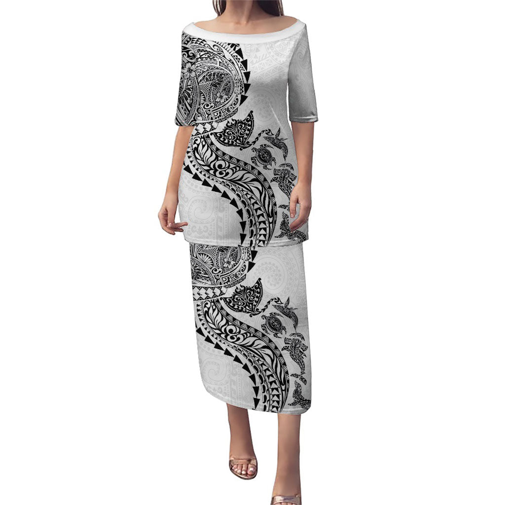 Hawaiian Kakau Tribal Sea Animals Tattoos Puletasi White Color LT03 Long Dress White - Polynesian Pride