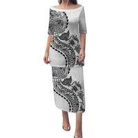 Hawaiian Kakau Tribal Sea Animals Tattoos Puletasi White Color LT03 Long Dress White - Polynesian Pride