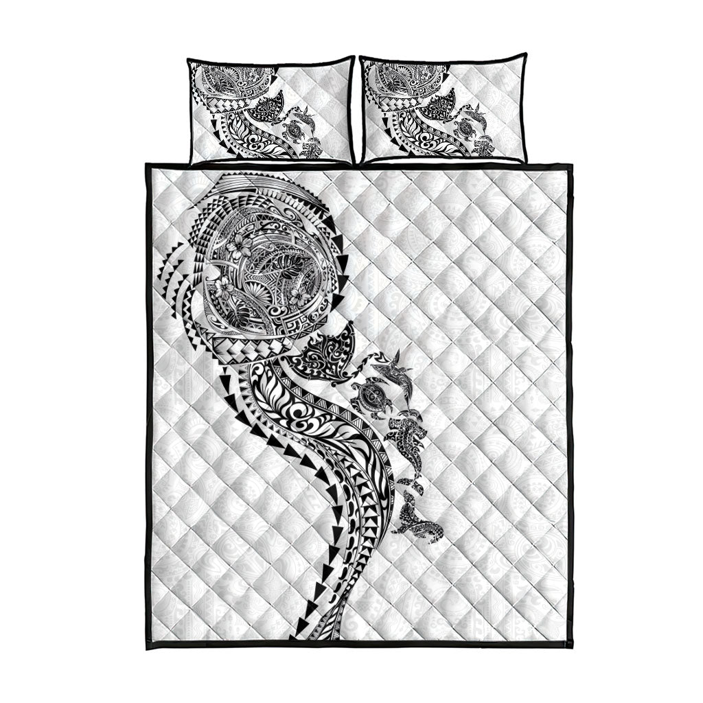 Hawaiian Kakau Tribal Sea Animals Tattoos Quilt Bed Set White Color LT03 - Polynesian Pride