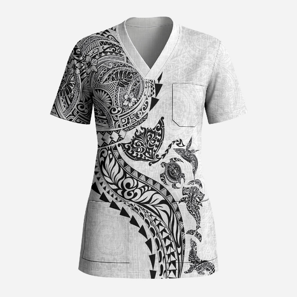 Hawaiian Kakau Tribal Sea Animals Tattoos Scrub Top White Color LT03 Adult White - Polynesian Pride