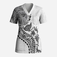 Hawaiian Kakau Tribal Sea Animals Tattoos Scrub Top White Color LT03 Adult White - Polynesian Pride