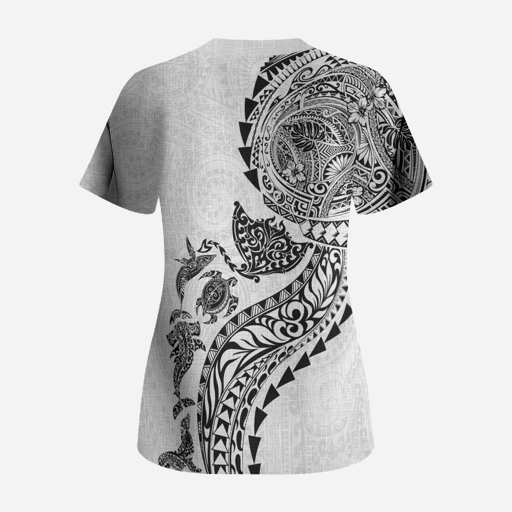 Hawaiian Kakau Tribal Sea Animals Tattoos Scrub Top White Color LT03 - Polynesian Pride