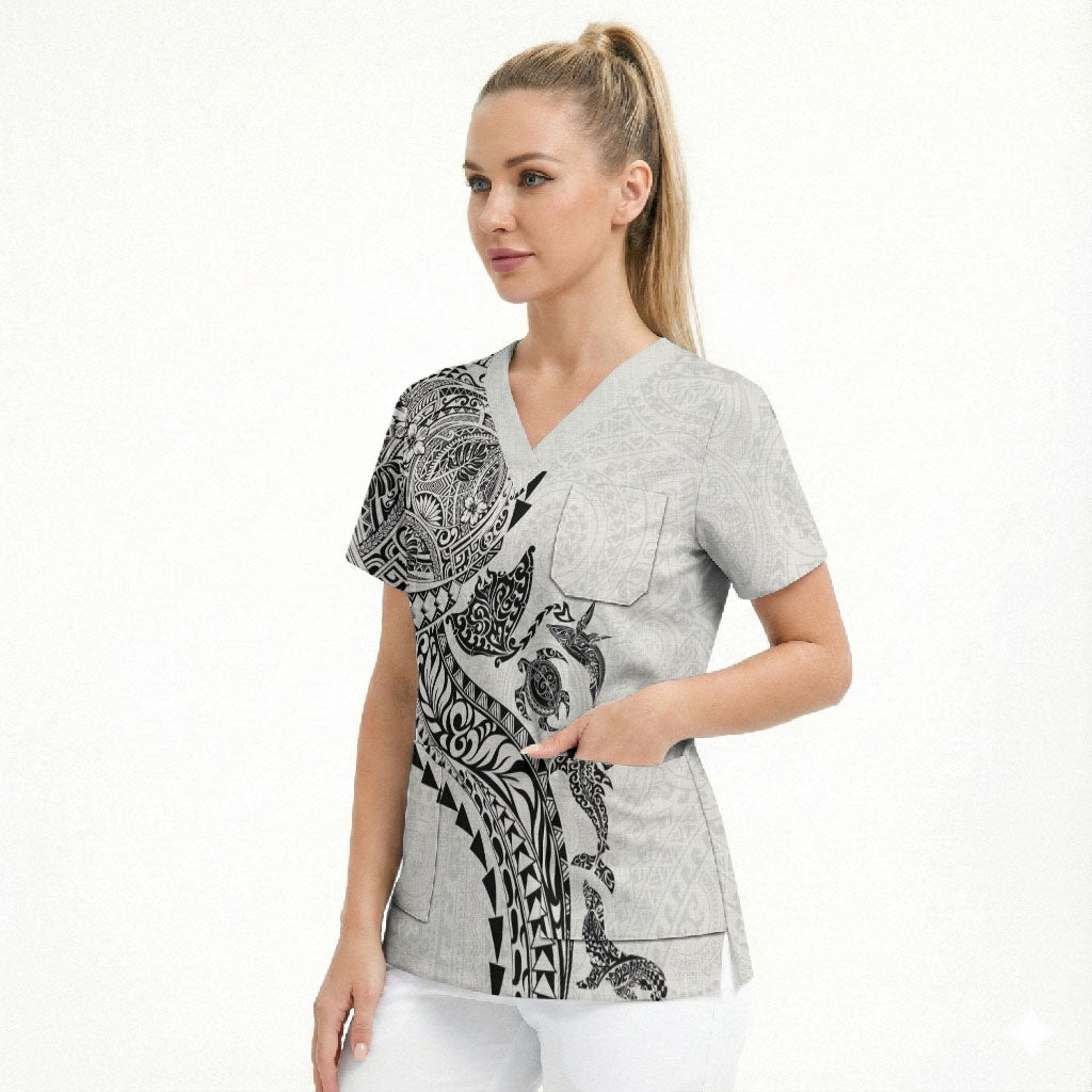 Hawaiian Kakau Tribal Sea Animals Tattoos Scrub Top White Color LT03 - Polynesian Pride