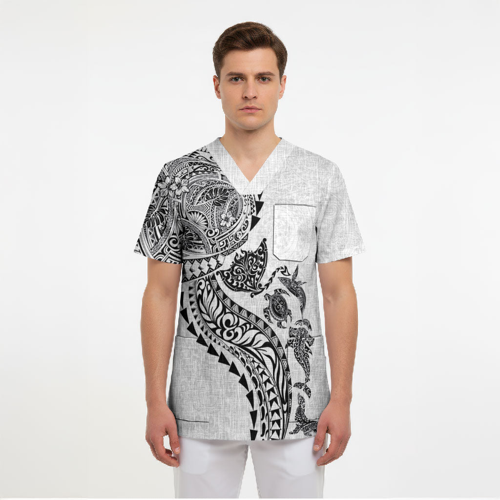 Hawaiian Kakau Tribal Sea Animals Tattoos Scrub Top White Color LT03 - Polynesian Pride