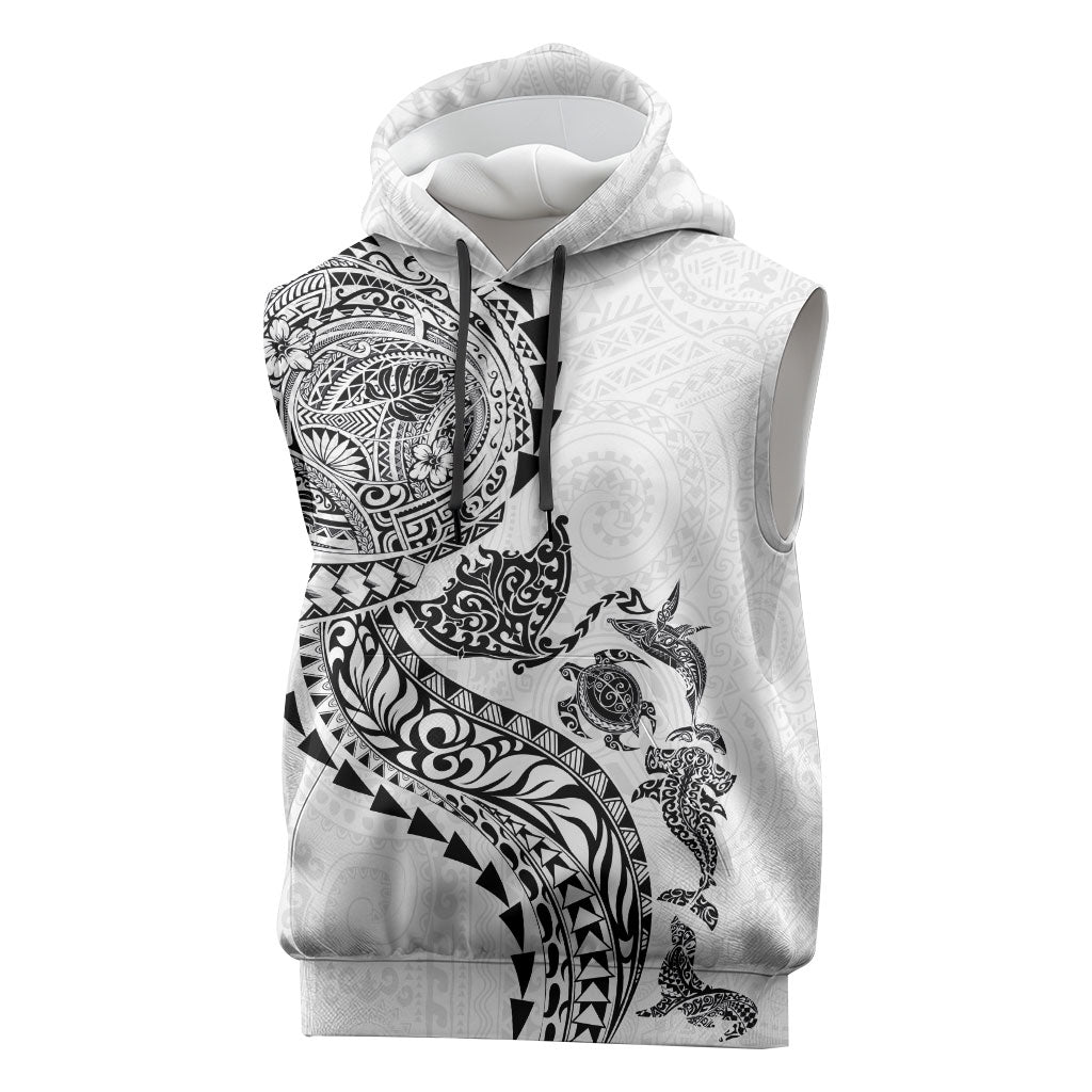 Hawaiian Kakau Tribal Sea Animals Tattoos Sleeveless Hoodie White Color