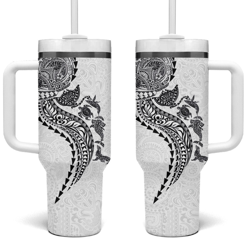 Hawaiian Kakau Tribal Sea Animals Tattoos Tumbler With Handle White Color