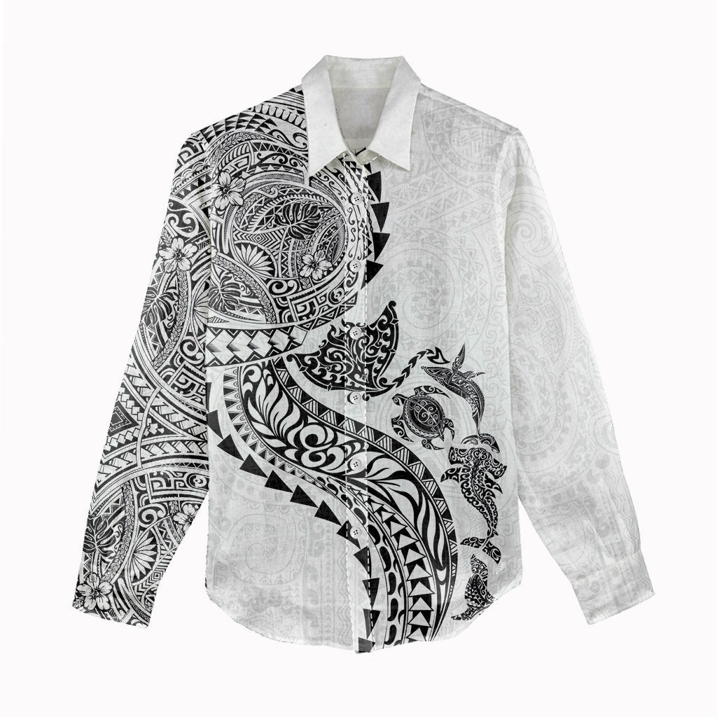 Hawaiian Kakau Tribal Sea Animals Tattoos Women Casual Shirt White Color