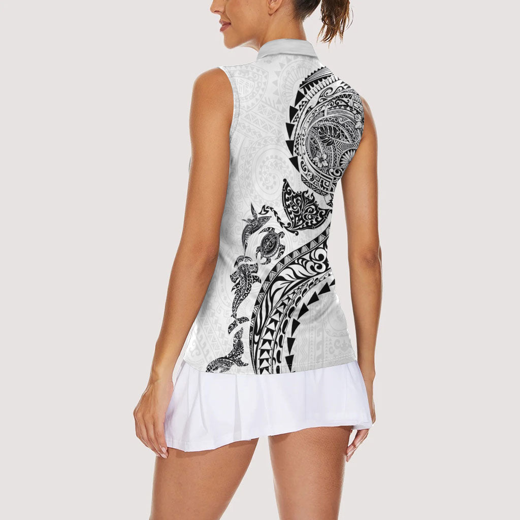 Hawaiian Kakau Tribal Sea Animals Tattoos Women Sleeveless Polo Shirt White Color