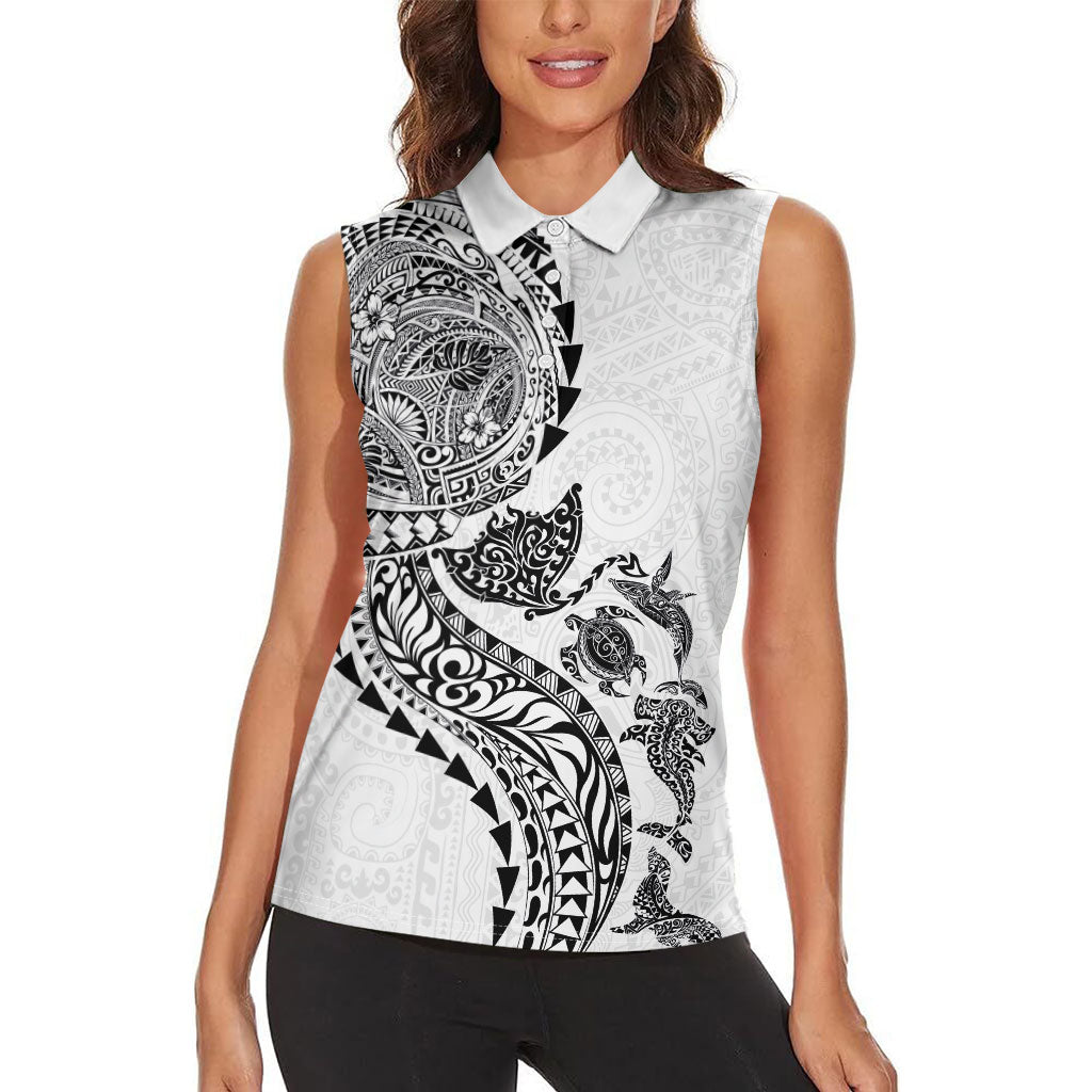Hawaiian Kakau Tribal Sea Animals Tattoos Women Sleeveless Polo Shirt White Color