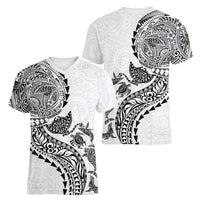 Hawaiian Kakau Tribal Sea Animals Tattoos Women V-Neck T-Shirt White Color