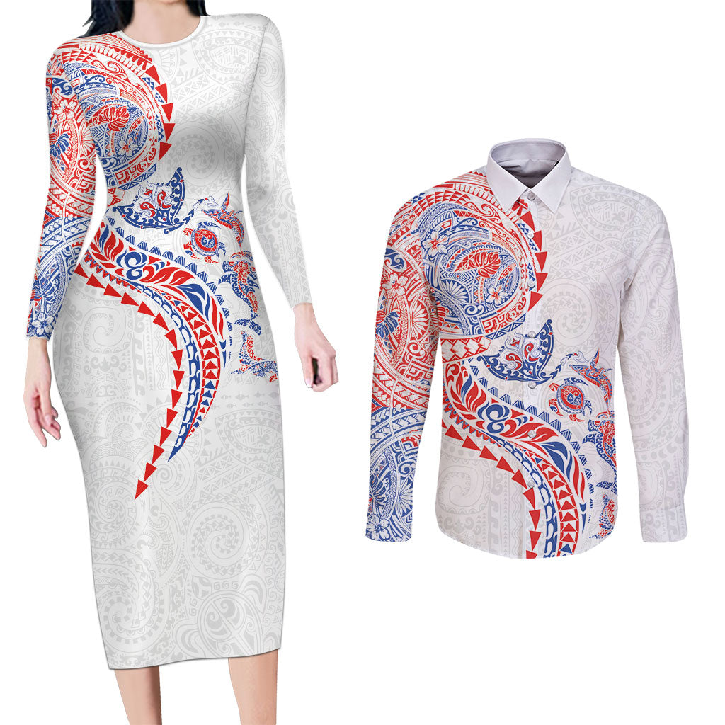 Hawaiian Kakau Tribal Sea Animals Tattoos Couples Matching Long Sleeve Bodycon Dress and Long Sleeve Button Shirt Hawaii Flag Color Inspired