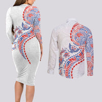 Hawaiian Kakau Tribal Sea Animals Tattoos Couples Matching Long Sleeve Bodycon Dress and Long Sleeve Button Shirt Hawaii Flag Color Inspired