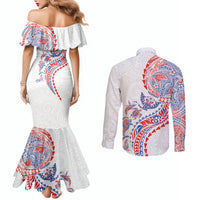 Hawaiian Kakau Tribal Sea Animals Tattoos Couples Matching Mermaid Dress and Long Sleeve Button Shirt Hawaii Flag Color Inspired