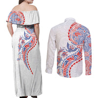 Hawaiian Kakau Tribal Sea Animals Tattoos Couples Matching Off Shoulder Maxi Dress and Long Sleeve Button Shirt Hawaii Flag Color Inspired
