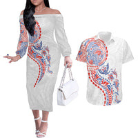 Hawaiian Kakau Tribal Sea Animals Tattoos Couples Matching Off The Shoulder Long Sleeve Dress and Hawaiian Shirt Hawaii Flag Color Inspired