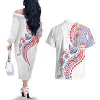 Hawaiian Kakau Tribal Sea Animals Tattoos Couples Matching Off The Shoulder Long Sleeve Dress and Hawaiian Shirt Hawaii Flag Color Inspired