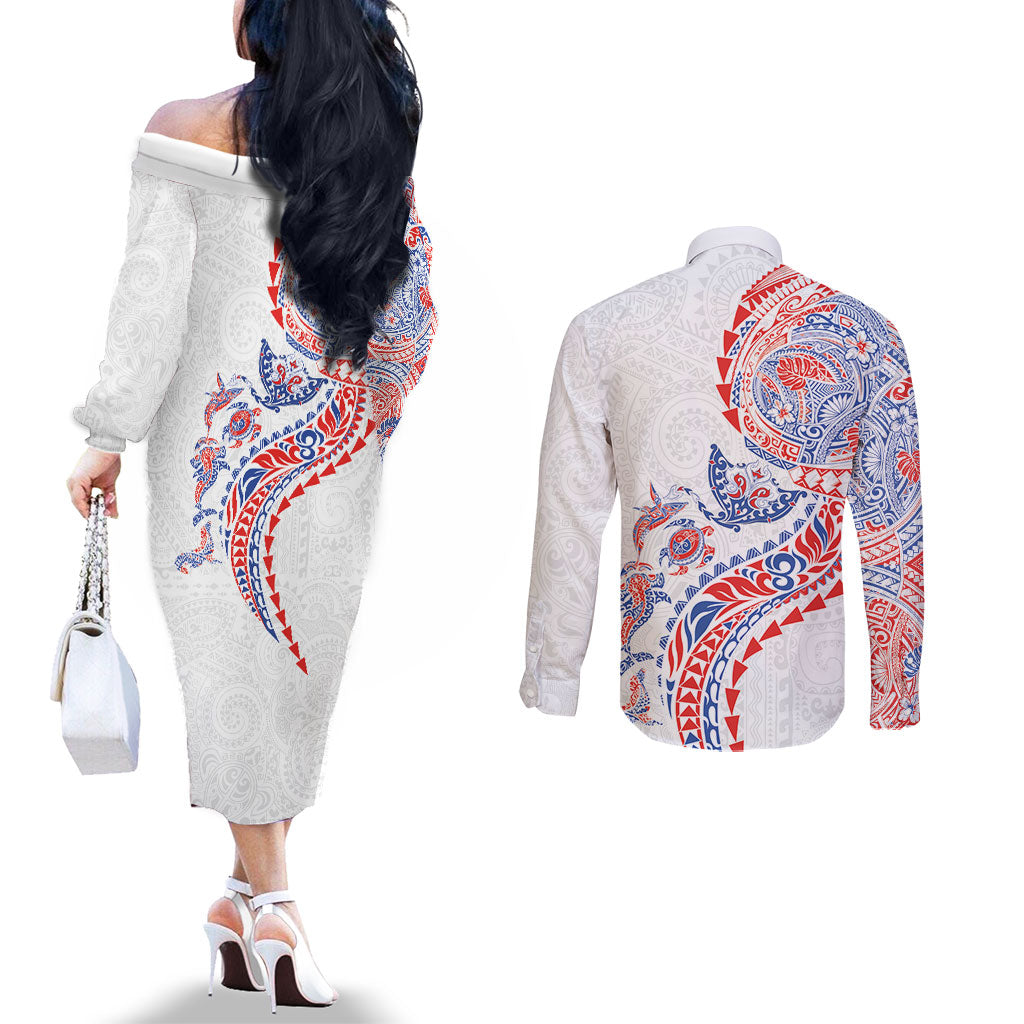 Hawaiian Kakau Tribal Sea Animals Tattoos Couples Matching Off The Shoulder Long Sleeve Dress and Long Sleeve Button Shirt Hawaii Flag Color Inspired