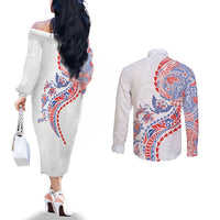 Hawaiian Kakau Tribal Sea Animals Tattoos Couples Matching Off The Shoulder Long Sleeve Dress and Long Sleeve Button Shirt Hawaii Flag Color Inspired
