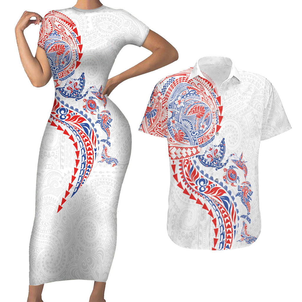 Hawaiian Kakau Tribal Sea Animals Tattoos Couples Matching Short Sleeve Bodycon Dress and Hawaiian Shirt Hawaii Flag Color Inspired