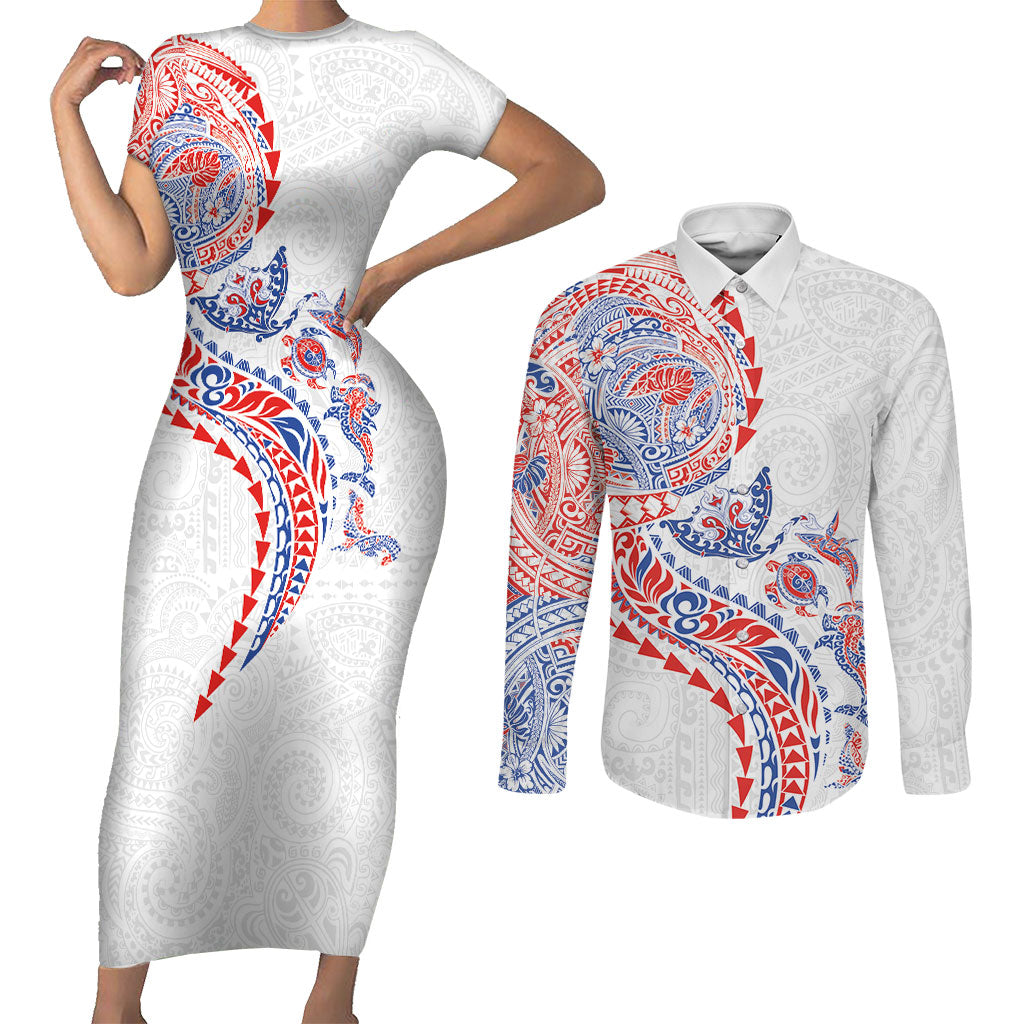 Hawaiian Kakau Tribal Sea Animals Tattoos Couples Matching Short Sleeve Bodycon Dress and Long Sleeve Button Shirt Hawaii Flag Color Inspired