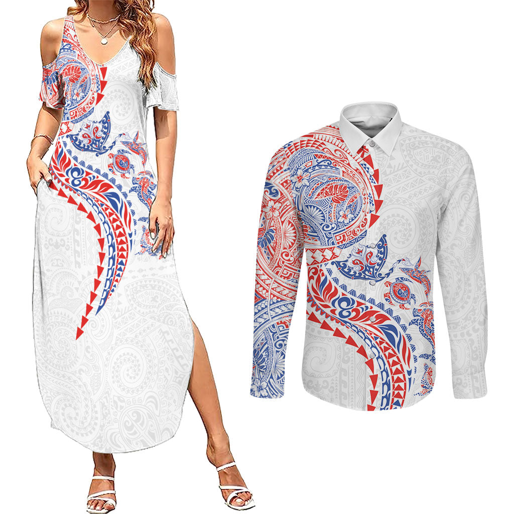 Hawaiian Kakau Tribal Sea Animals Tattoos Couples Matching Summer Maxi Dress and Long Sleeve Button Shirt Hawaii Flag Color Inspired