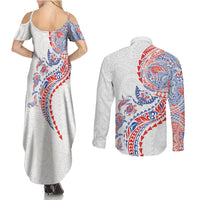Hawaiian Kakau Tribal Sea Animals Tattoos Couples Matching Summer Maxi Dress and Long Sleeve Button Shirt Hawaii Flag Color Inspired