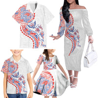 Hawaiian Kakau Tribal Sea Animals Tattoos Family Matching Off The Shoulder Long Sleeve Dress and Hawaiian Shirt Hawaii Flag Color Inspired