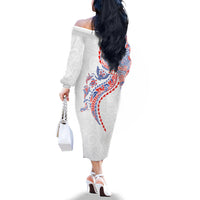 Hawaiian Kakau Tribal Sea Animals Tattoos Family Matching Off The Shoulder Long Sleeve Dress and Hawaiian Shirt Hawaii Flag Color Inspired