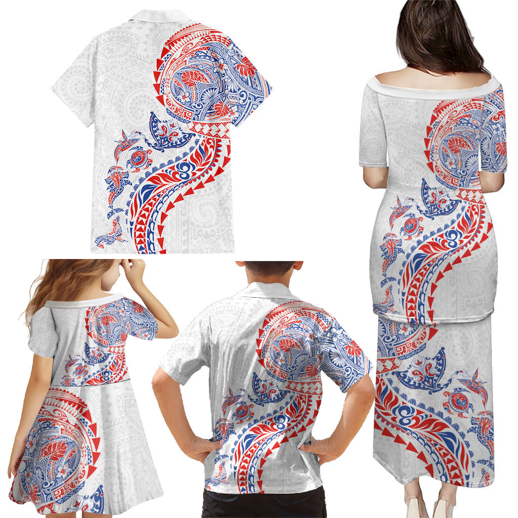 Hawaiian Kakau Tribal Sea Animals Tattoos Family Matching Puletasi and Hawaiian Shirt Hawaii Flag Color Inspired