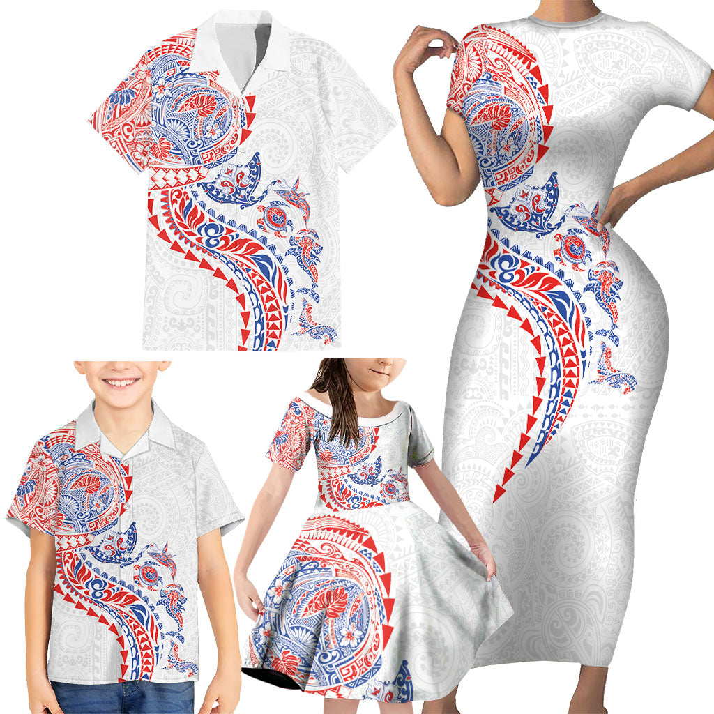 Hawaiian Kakau Tribal Sea Animals Tattoos Family Matching Short Sleeve Bodycon Dress and Hawaiian Shirt Hawaii Flag Color Inspired