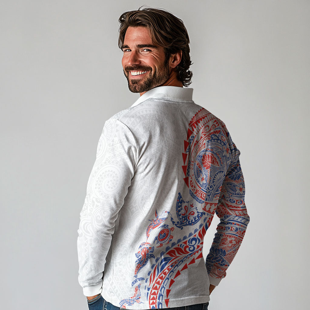 Hawaiian Kakau Tribal Sea Animals Tattoos Long Sleeve Polo Shirt Hawaii Flag Color Inspired