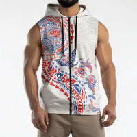 Hawaiian Kakau Tribal Sea Animals Tattoos Sleeveless Zip Hoodie Hawaii Flag Color Inspired