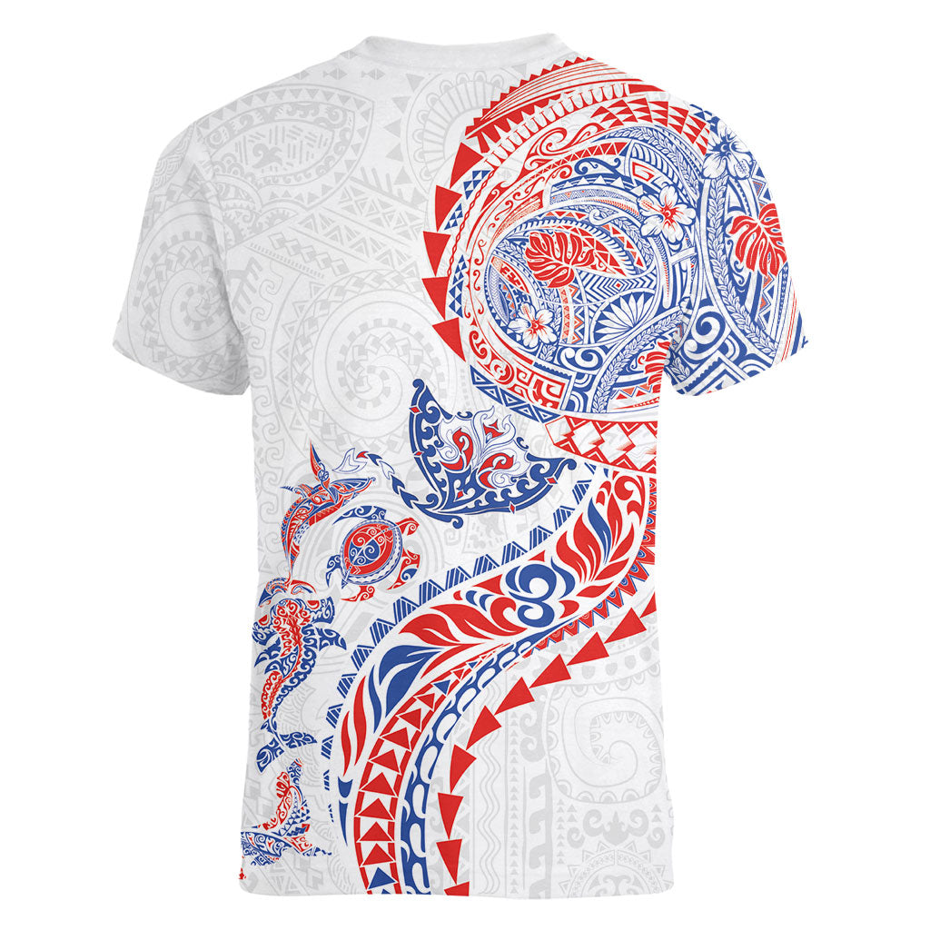 Hawaiian Kakau Tribal Sea Animals Tattoos Women V-Neck T-Shirt Hawaii Flag Color Inspired