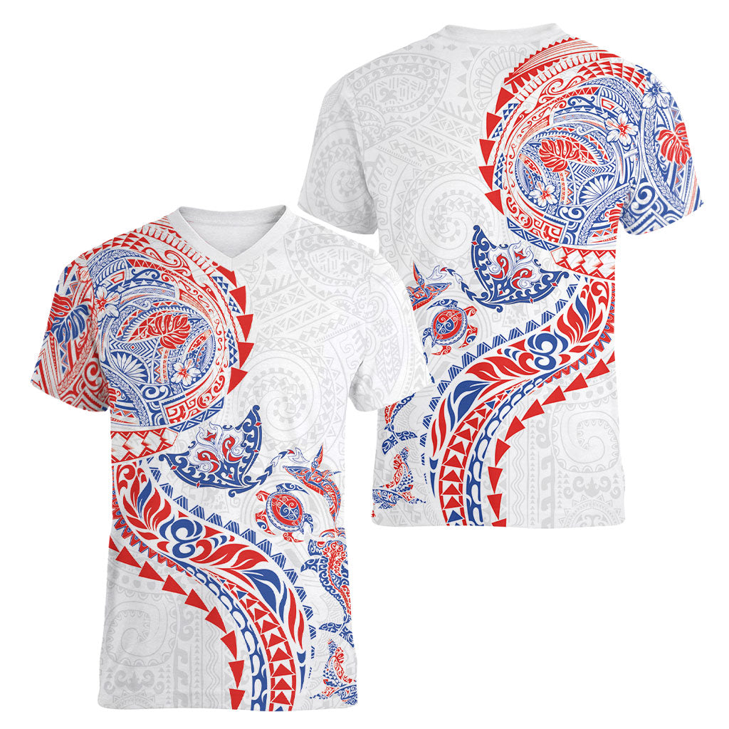 Hawaiian Kakau Tribal Sea Animals Tattoos Women V-Neck T-Shirt Hawaii Flag Color Inspired