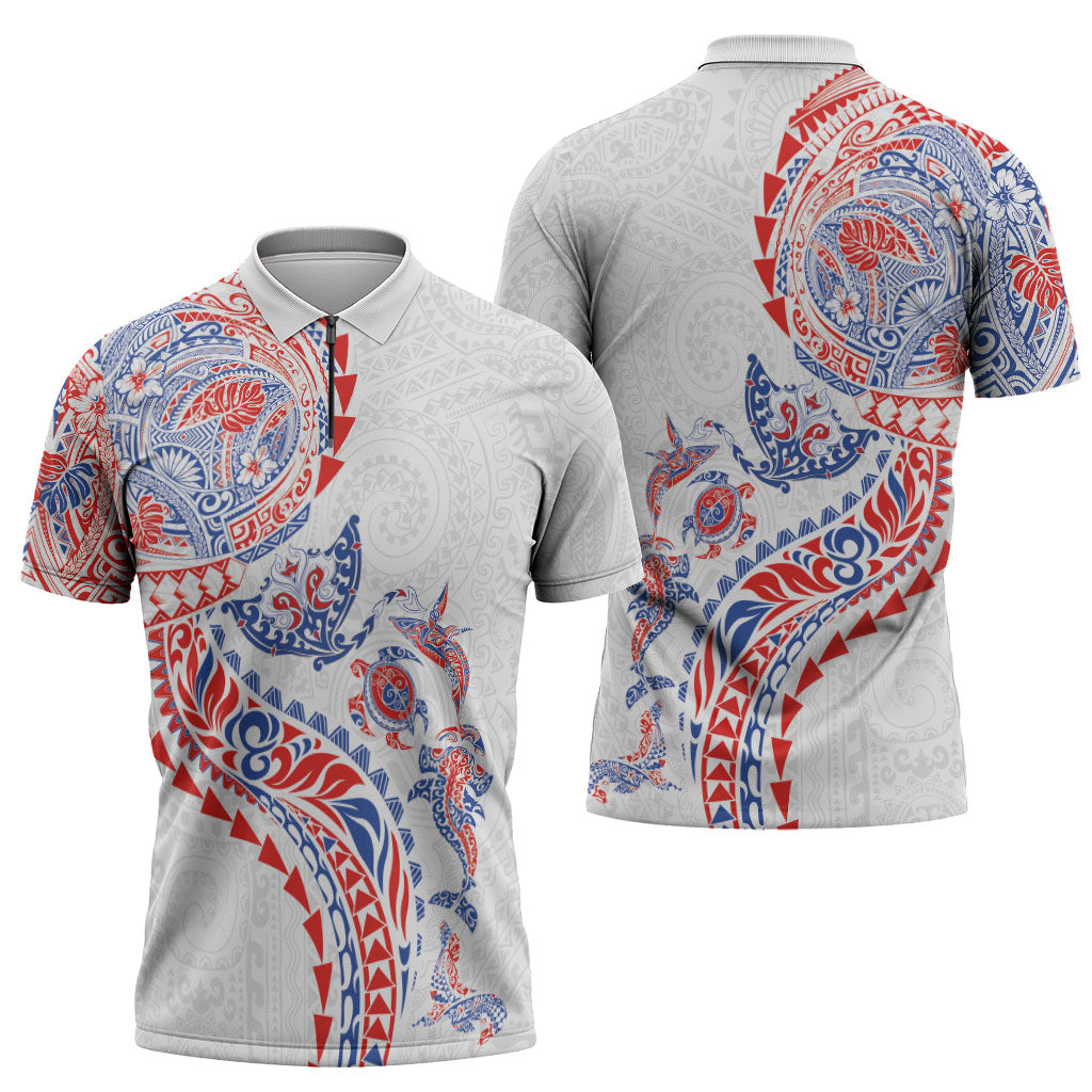 Hawaiian Kakau Tribal Sea Animals Tattoos Zipper Polo Shirt Hawaii Flag Color Inspired