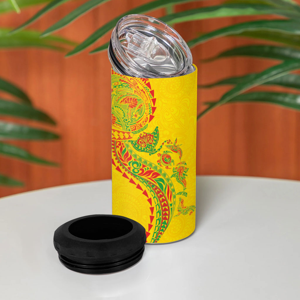 Hawaiian Kakau Tribal Sea Animals Tattoos 4 in 1 Can Cooler Tumbler Kanaka Maoli Flag Color Inspired