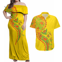 Hawaiian Kakau Tribal Sea Animals Tattoos Couples Matching Off Shoulder Maxi Dress and Hawaiian Shirt Kanaka Maoli Flag Color Inspired