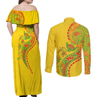 Hawaiian Kakau Tribal Sea Animals Tattoos Couples Matching Off Shoulder Maxi Dress and Long Sleeve Button Shirt Kanaka Maoli Flag Color Inspired