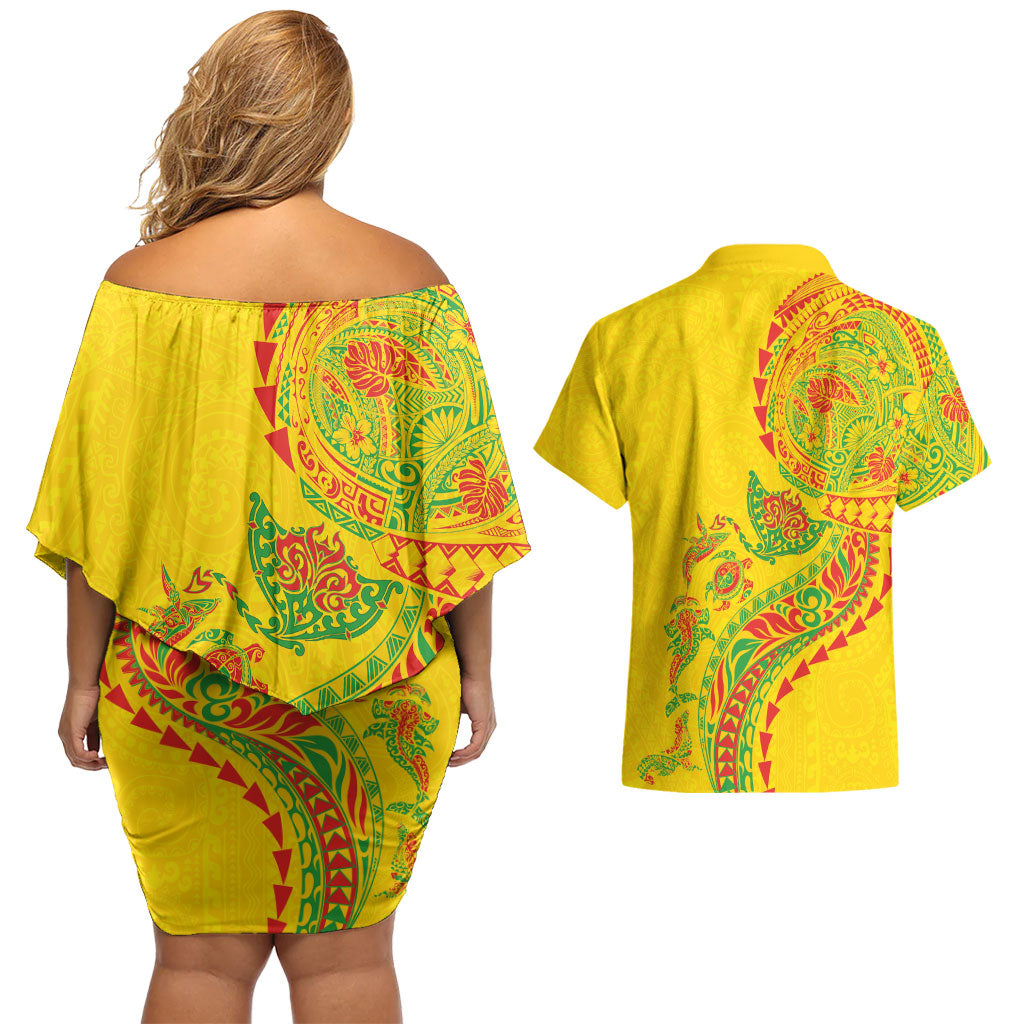 Hawaiian Kakau Tribal Sea Animals Tattoos Couples Matching Off Shoulder Short Dress and Hawaiian Shirt Kanaka Maoli Flag Color Inspired