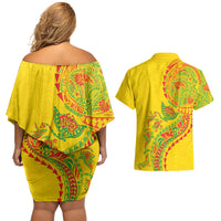 Hawaiian Kakau Tribal Sea Animals Tattoos Couples Matching Off Shoulder Short Dress and Hawaiian Shirt Kanaka Maoli Flag Color Inspired